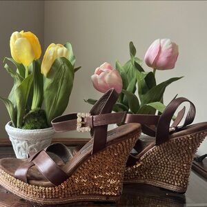 Brown and Gold Sequin Wedge Sandals